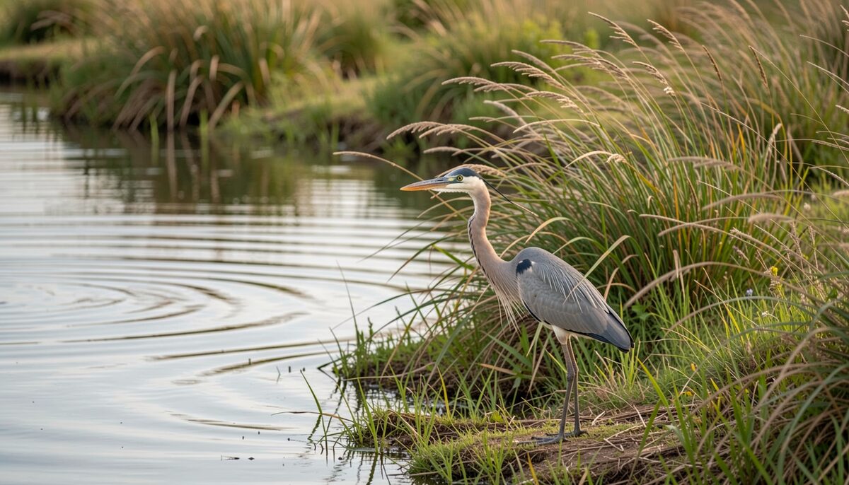A grey heron standing at the edge of a narrow marsh channel in the foreground, ripples spreading from its legs, tall grass bending in a light wind behind it and a pale sky with no direct sun.