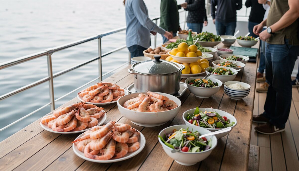 A long folding table on a wooden deck in the foreground with paper, platters and a steaming pot, marsh and quiet water beyond the rail, warm afternoon light and a light chop on the sound behind.