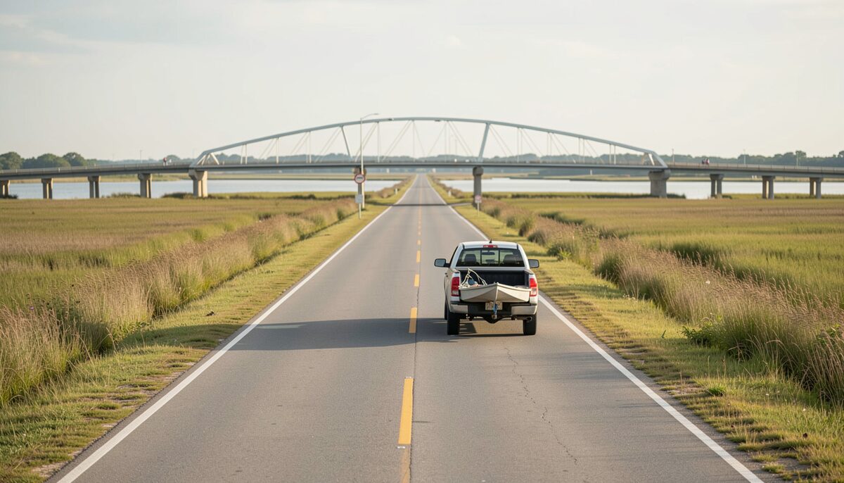 A two lane causeway running through the frame in the foreground with marsh on both shoulders, a rising bridge ahead and a pickup towing a skiff in the near lane, midday sun and flat water on both sides.