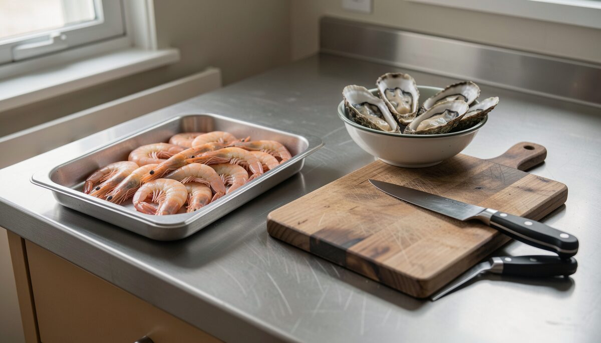 A stainless steel counter in the foreground with a tray of whole shrimp and a bowl of shucked oysters, a fillet knife resting on a board behind, cool interior light and a wiped, dry steel surface.