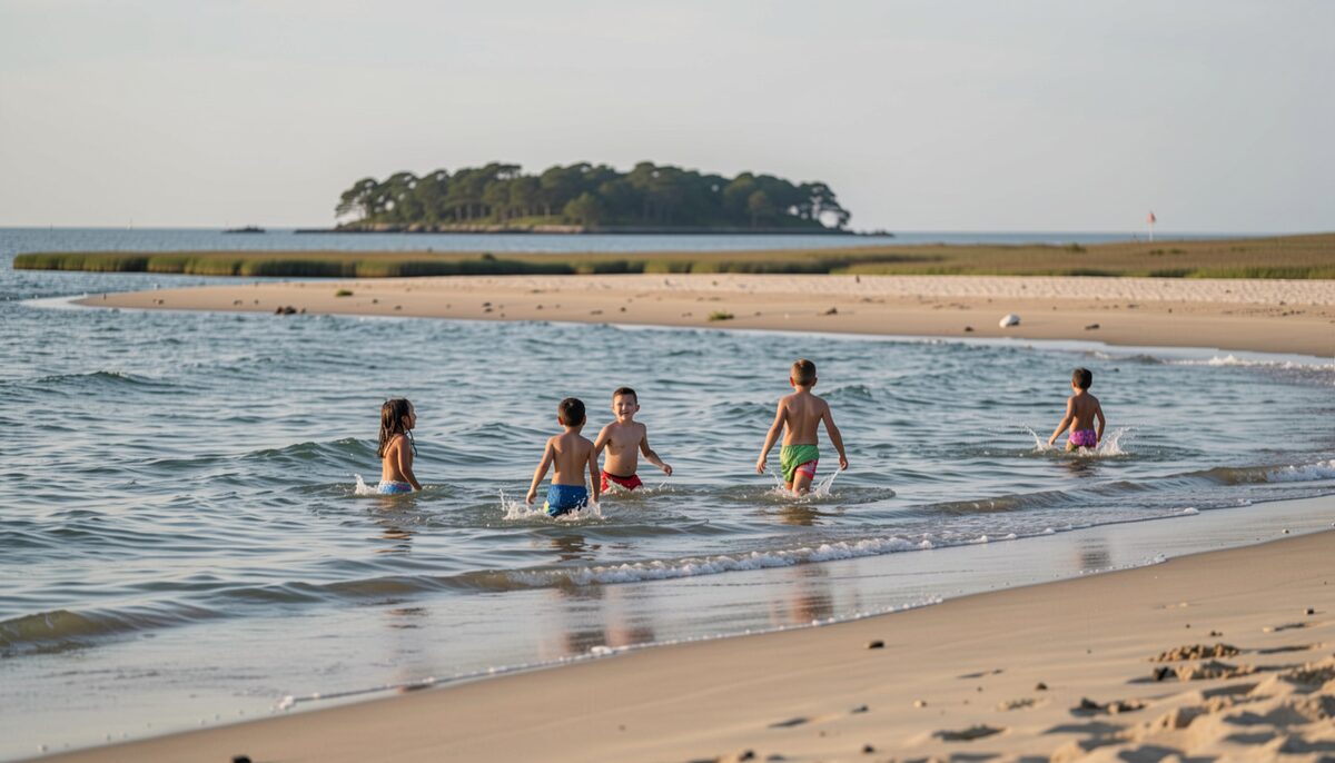 Children wading knee deep in the foreground off a sound side beach, a pale sandbar breaking the surface behind them, low marsh islands in the distance and bright midday light on flat water.