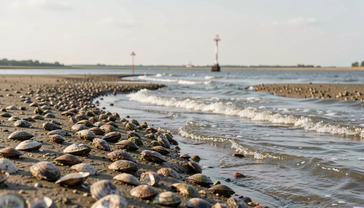 An exposed tidal flat in the foreground with oyster shells and ribbed sand, a channel of moving water cutting through the middle ground and a channel marker on the far edge, low afternoon light.